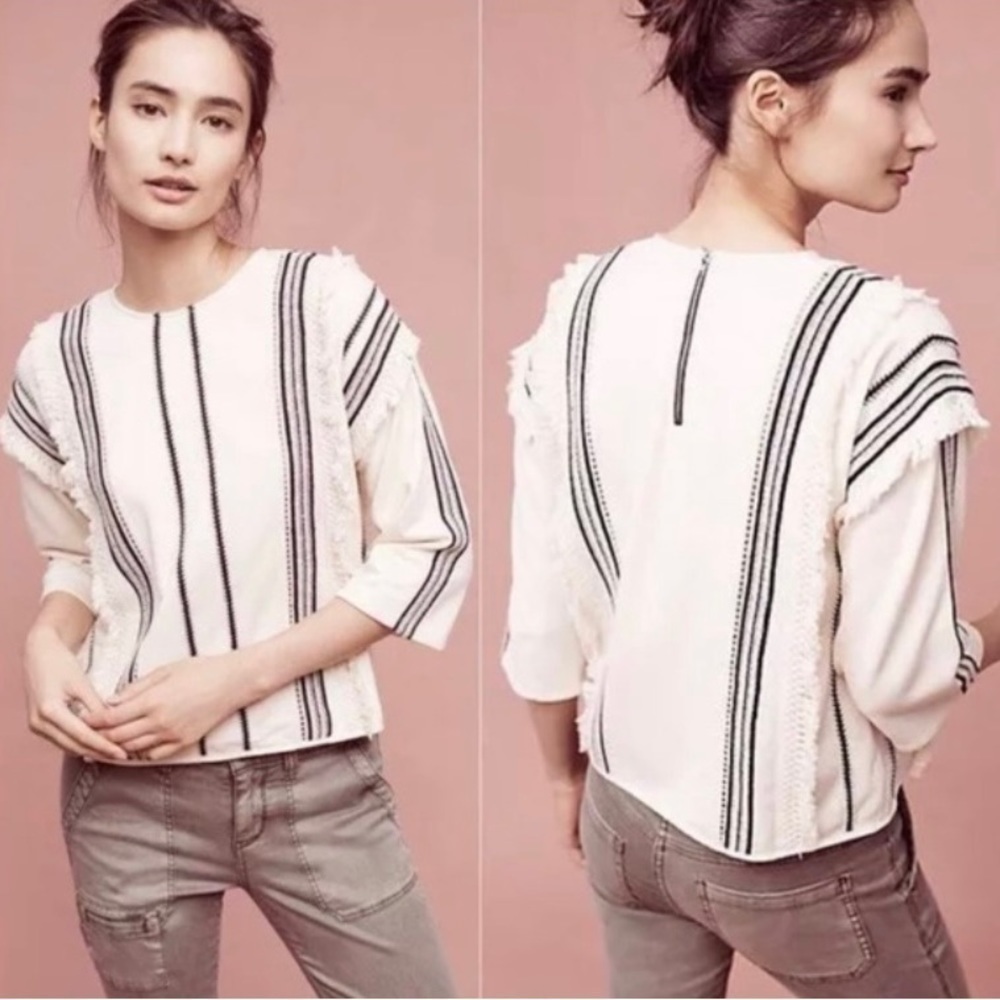 Women’s Anthropologie Eri + Ali Santillana Black & Cream Striped Cropped Top - Picture 2 of 8